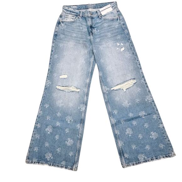 Arizona Jean Company Denim - Blue Baggy Ripped Rose Print Low Rise Wide Leg Jeans Juniors 11